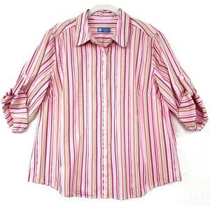 Koret Womens Petite L Striped Button-Up 3/4 Roll-Tab Sleeve Blouse Multicolor